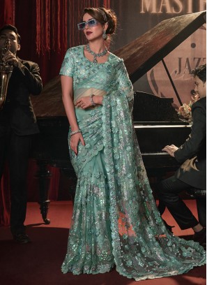 Modern Net Sea Green Embroidered Trendy Saree