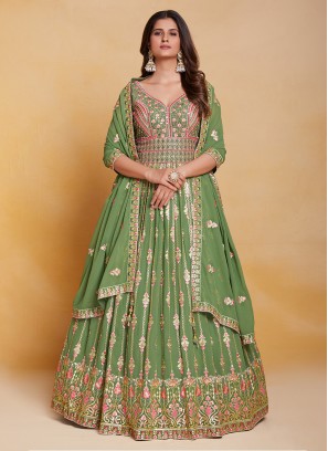 Modern Sequins Georgette Green Floor Length Gown