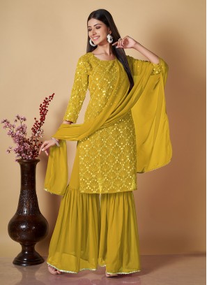 Modern Sequins Georgette Mustard Readymade Salwar Suit