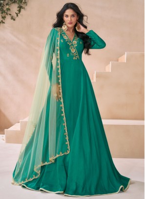 Modernistic Embroidered Green Silk Designer Gown