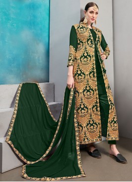 Modernistic Faux Georgette Green Jacket Style Suit