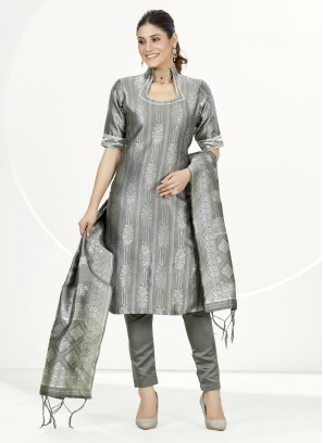 Modernistic Grey Banarasi Silk Pant Style Suit