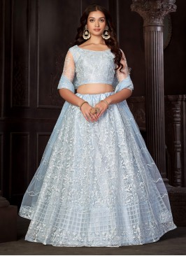 Modernistic Net Aqua Blue Thread Work A Line Lehenga Choli