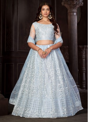 Modernistic Net Aqua Blue Thread Work A Line Lehenga Choli