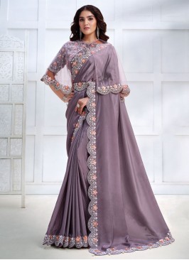 Modernistic Satin Silk Lavender Embroidered Classic Saree