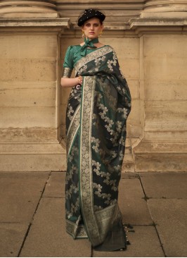 Modernistic Satin Silk Teal Weaving Trendy Saree