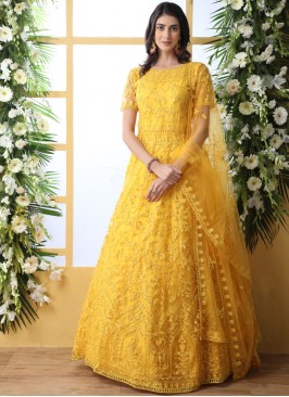 Modernistic Thread Work Yellow Net Designer Gown