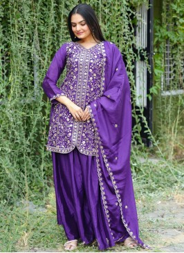 Modernistic Zari Violet Chinon Readymade Salwar Kameez