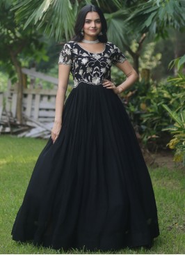 Modest Embroidered Black Readymade Gown