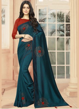 Modest Embroidered Teal Silk Classic Designer Saree