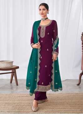 Modest Georgette Embroidered Wine Straight Salwar Suit