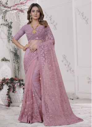 Modest Pink Embroidered Net Classic Saree