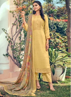 Modest Pure Silk Yellow Zari Salwar Kameez