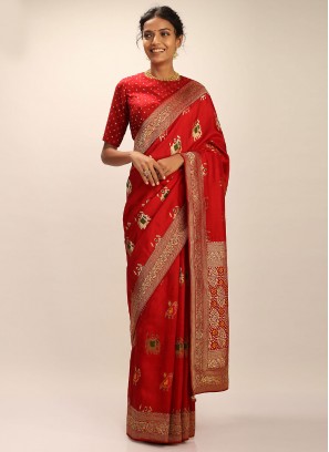 Modest Red Art Banarasi Silk Traditional Saree