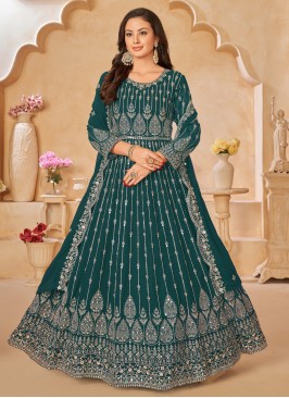 Modest Teal Faux Georgette Anarkali Salwar Suit