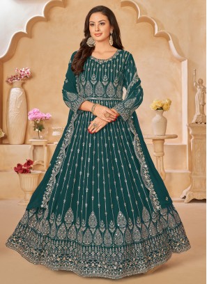 Modest Teal Faux Georgette Anarkali Salwar Suit