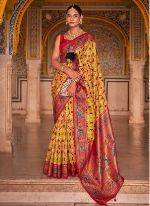 Modest Weaving Patola Silk  Yellow Contemporary Saree
