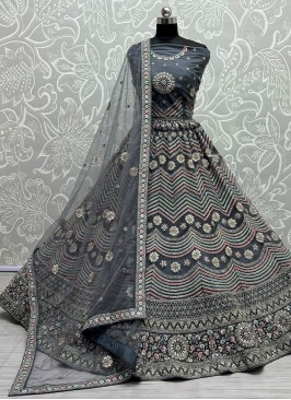 Modish Embroidered Grey Net Designer Lehenga Choli