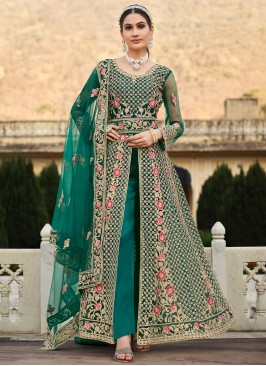 Modish Net Cord Green Pant Style Suit