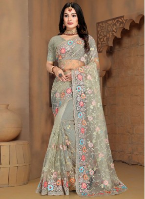 Modish Net Grey Classic Saree