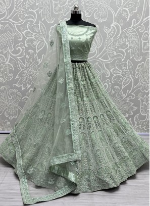 Modish Sea Green Net A Line Lehenga Choli