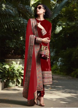 Modish Velvet Red Thread Work Long Length Salwar Suit