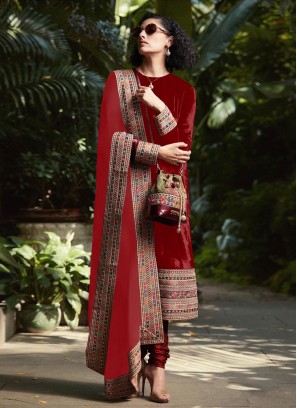 Modish Velvet Red Thread Work Long Length Salwar Suit