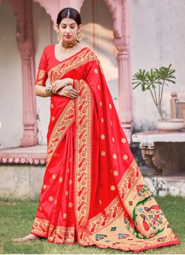 Modish Weaving Red Banarasi Silk Designer Traditional Saree
