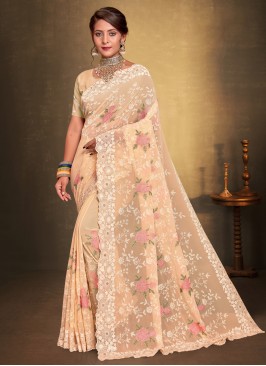 Monumental Cream Embroidered Trendy Saree