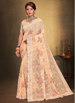 Monumental Cream Embroidered Trendy Saree