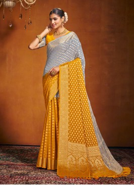 Monumental Grey and Mustard Weaving Saree