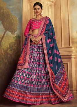 Monumental Mirror Navy Blue and Pink Silk Trendy Lehenga Choli