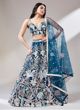 Monumental Teal Sequins Net A Line Lehenga Choli