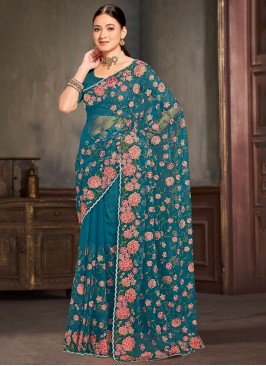Morpeach  and Teal Net Zari Traditional Saree