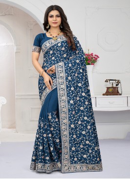 MORPEACH COLOUR CRAP SILK EMBROIDERY WORK SAREE