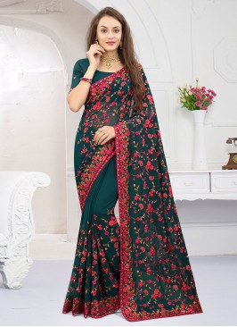 Morpeach  Embroidered Georgette Traditional Saree