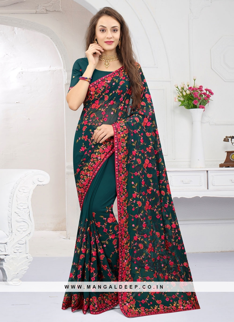 Morpeach  Embroidered Georgette Traditional Saree