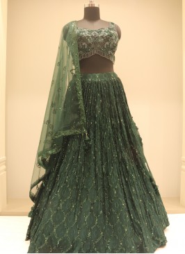 Bottle Green Bliss: Georgette Lehenga Choli with Handwork Embellishments