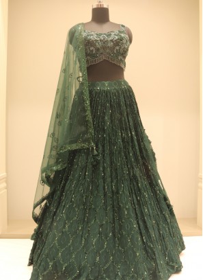 Bottle Green Bliss: Georgette Lehenga Choli with Handwork Embellishments