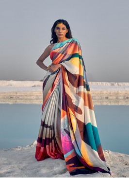 Multi Color Satin Printed Saree