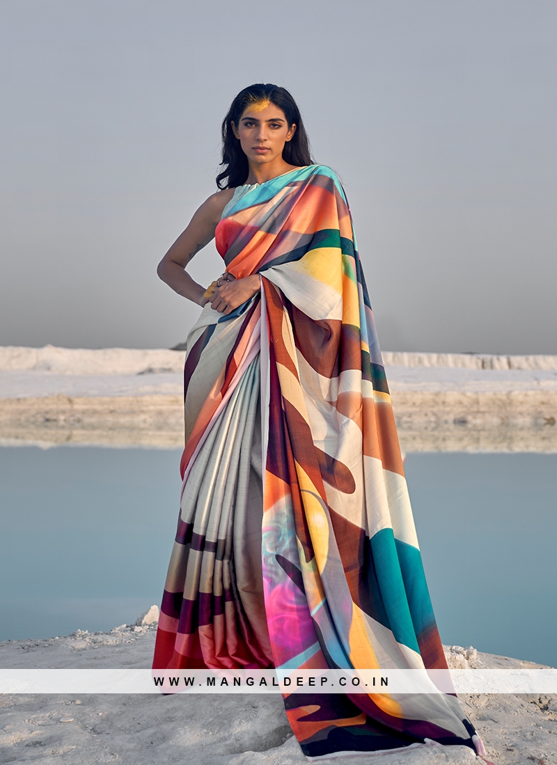 Multi Color Satin Printed Saree