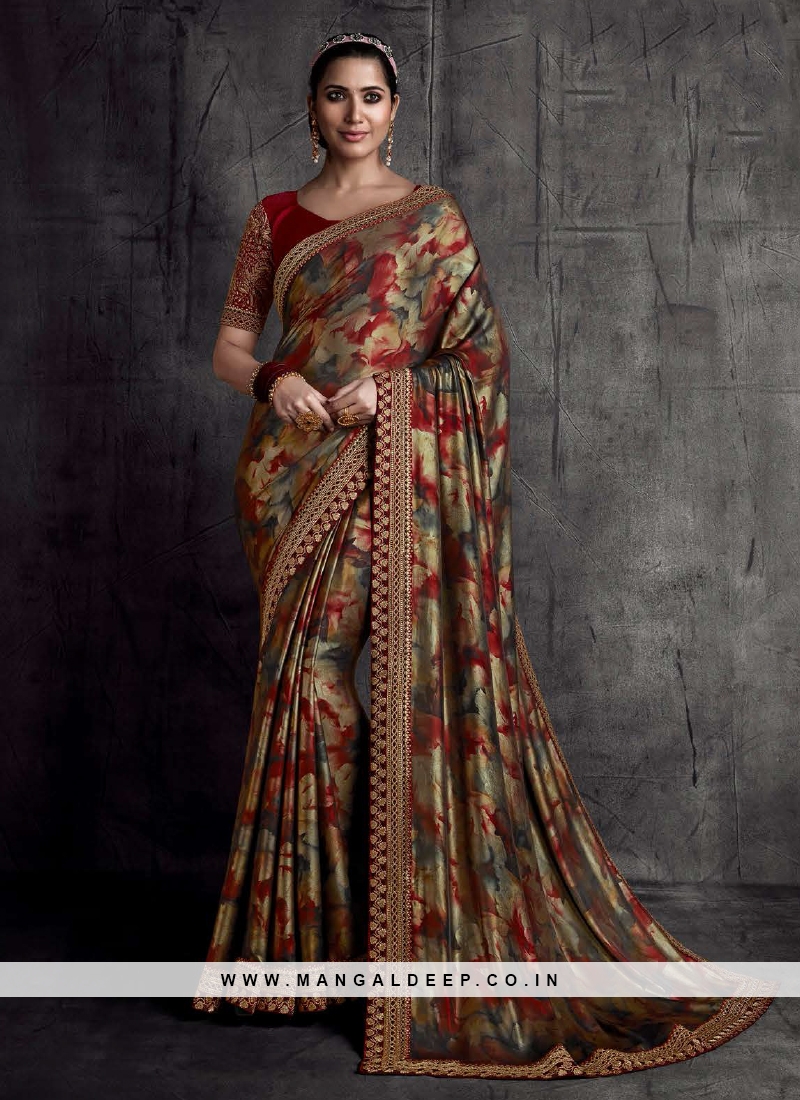 Buy Party Wear Wine Multi Work Fancy Saree Online From Surat Wholesale Shop.