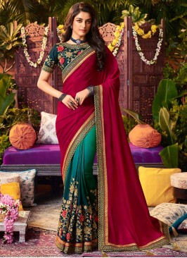 Multi Color Silk Resham Work Saree