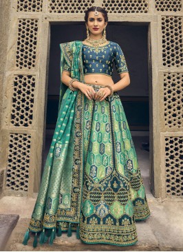 Multi Colour Banarasi Silk Embroidered A Line Lehenga Choli