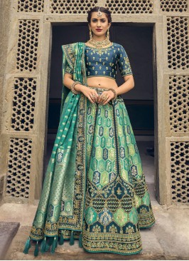 Multi Colour Banarasi Silk Embroidered A Line Lehenga Choli