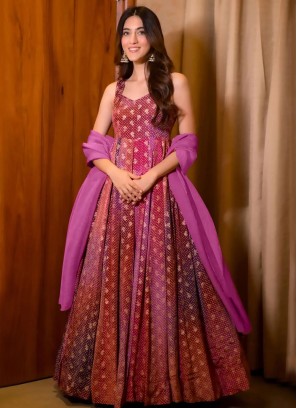 Multi Colour Chinon Digital Print Readymade Gown
