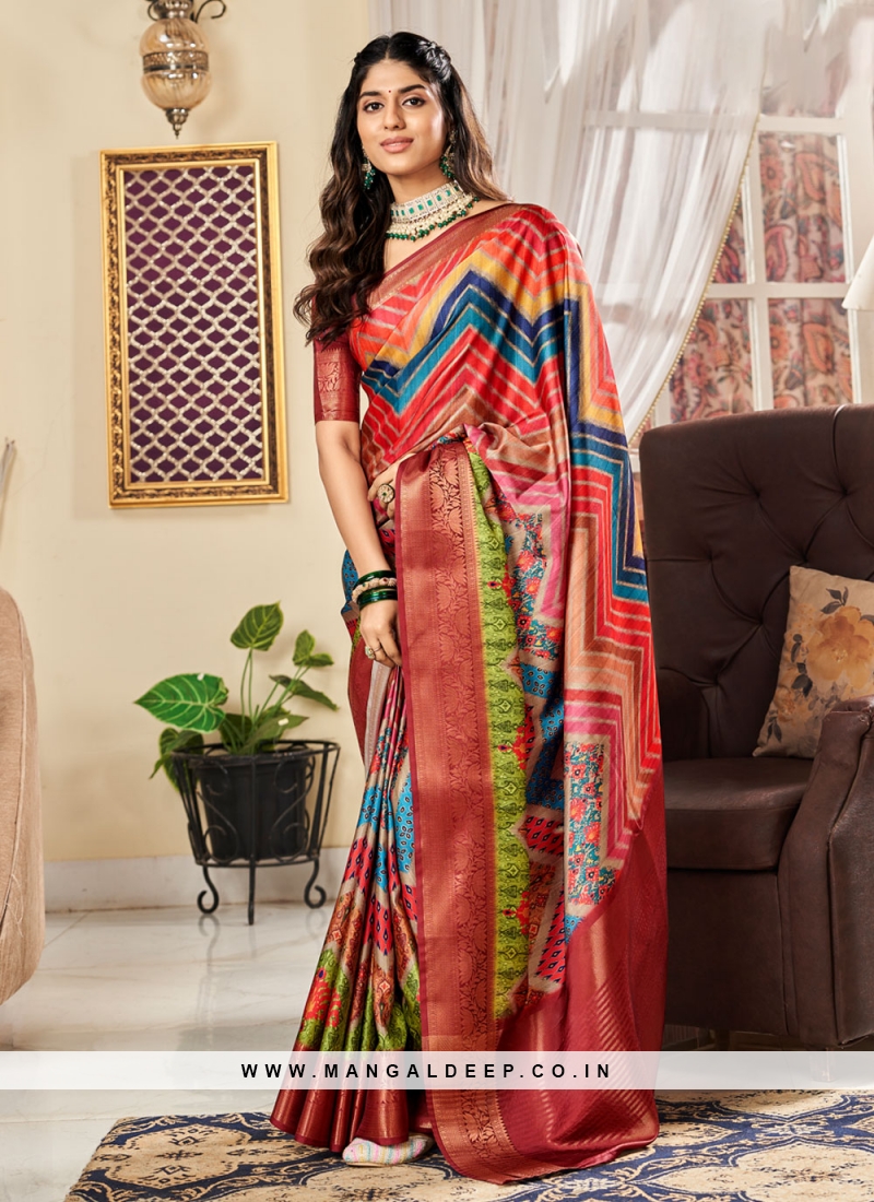 Crimson Silk Digital Print Saree With Woven Border And Woven Blouse Pi –  paanericlothing