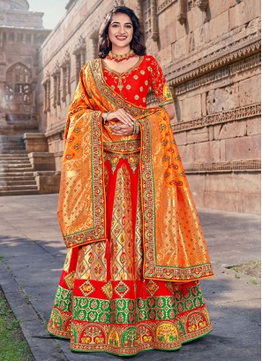 Multi Colour Embroidered Banarasi Silk Trendy Lehenga Choli