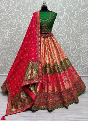 Multi Colour Mehndi Banarasi Silk Trendy Lehenga Choli