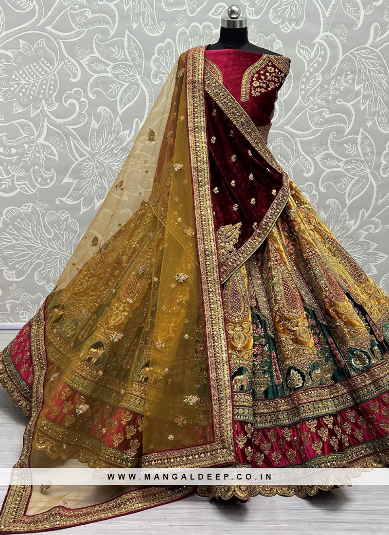 Indian Bridal Wear - Sabyasachi Inspired Maroon Velvet Zardozi Lehenga – B  Anu Designs